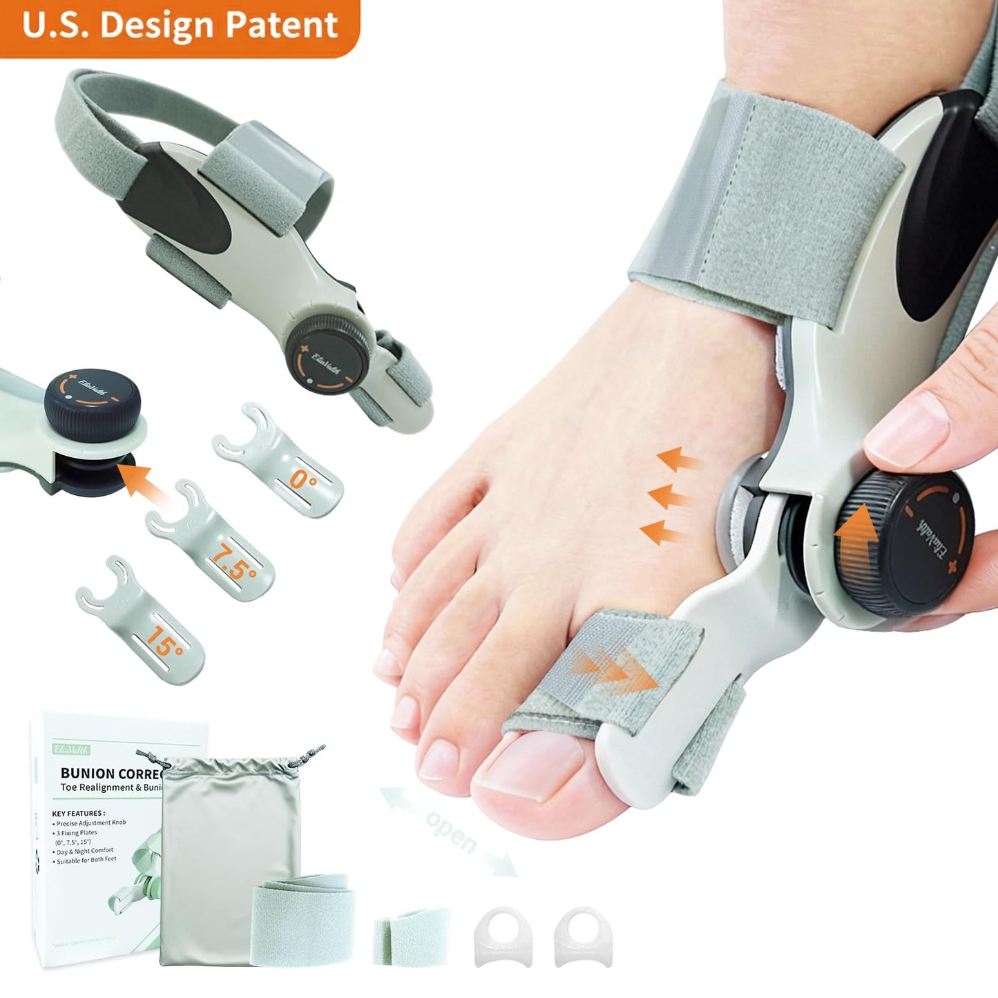 Bunion Corrector for Women Big Toe - US Patent 3 Precision Angles (0°/7.5°/15°) Adjustable Toe Straightener & Bunion Splint Brace with Extra Straps & Toe Separator, Fits Left & Right Foot by EliaValth, Large, Brown 1 PACK