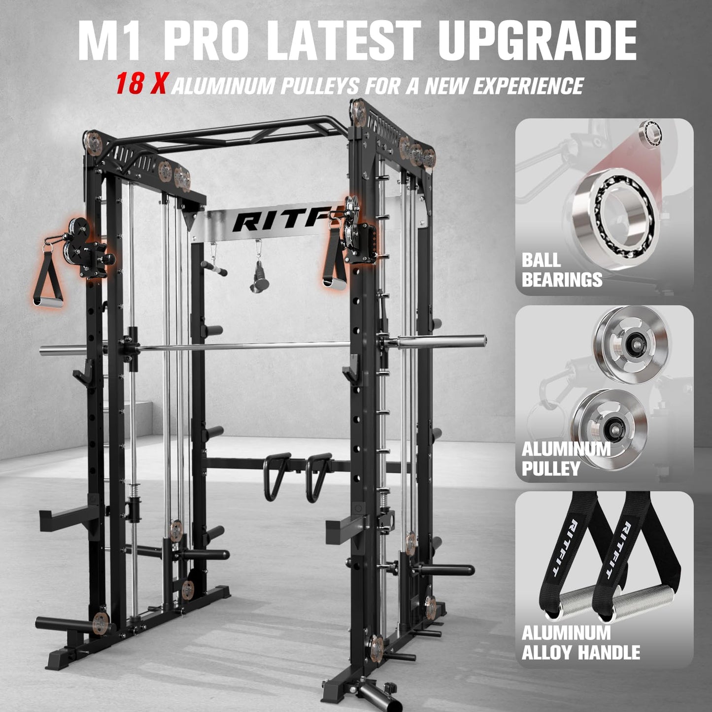 RitFit M1 Pro Smith Machine with Cable Crossover System, Multi-Function Squat Rack Power Cage for Home Gym, Power Rack and Packages Black