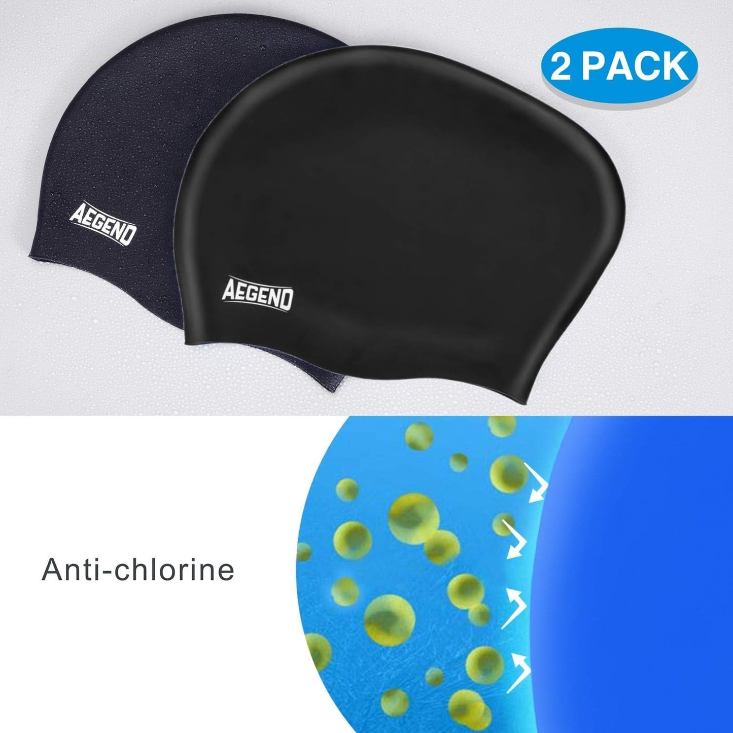 Aegend Swim Caps for Long Hair (2 Pack), Durable Silicone Swimming Caps with Spacious Space for Women Men Adults, Easy to Put On and Off, Black