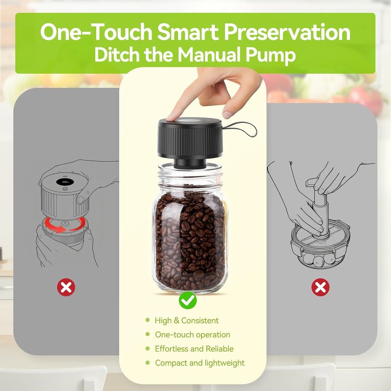 Electric Mason Jar Vacuum Sealer - Upgraded Handheld Auto-Vacuum Seal Kit | Fits Wide & Regular Mouth Jars, Containers & Bags