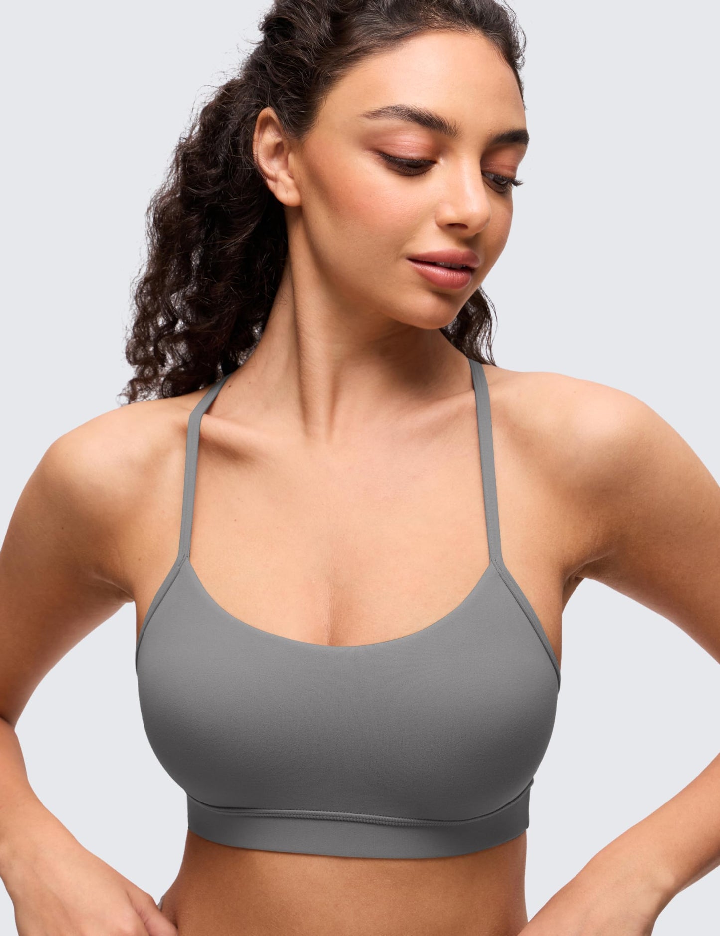 CRZ YOGA Butterluxe Y Back Sports Bras for Women - Padded Racerback Low Impact Spaghetti Thin Strap Workout Yoga Top Ash Grey Large
