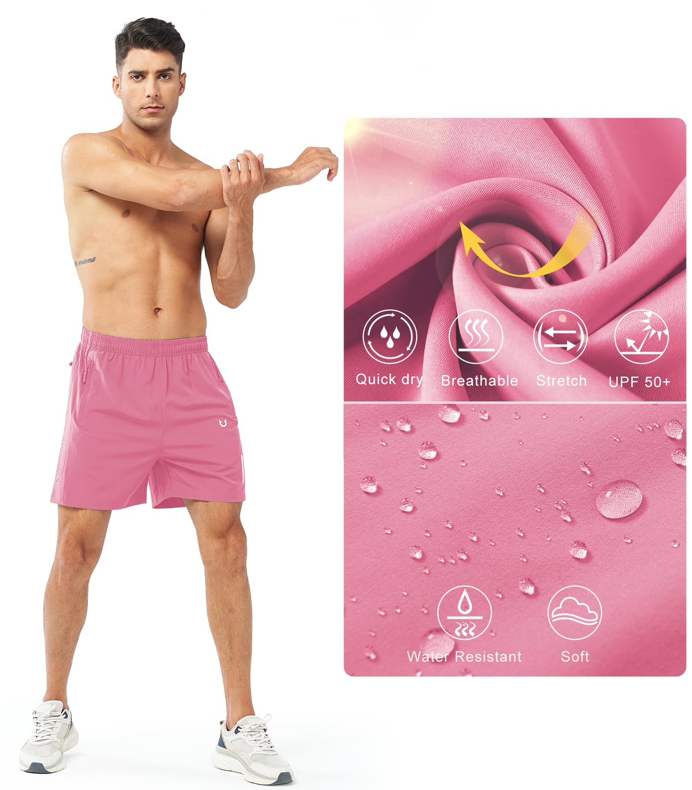 NORTHYARD Men's Athletic Running Shorts Gym Workout 7"/9"/5" Quick Dry Lightweight Sports Basketball Tennis 3 Zipper Pockets POWDERPINK-5inch L
