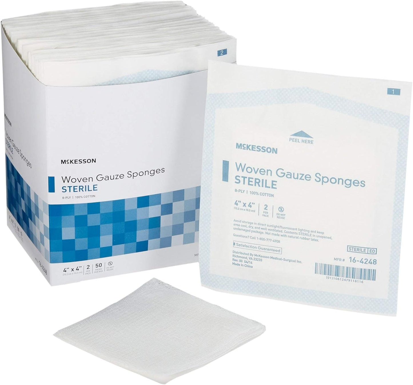 Woven Gauze Sponges - Sterile 8-Ply 100% Cotton | 4 in x 4 in, 50 Packs of 2 (100 Total)