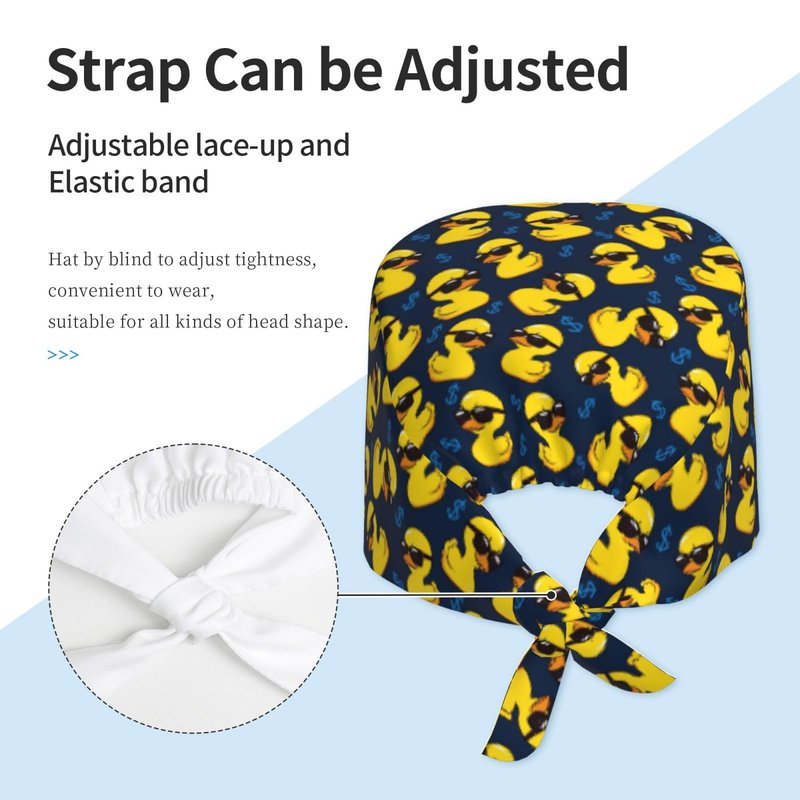 Funny Duck Working Cap with Sweatband Adjustable Scrub Cap for Women Men Tie Back Hat Nurse Surgical Caps