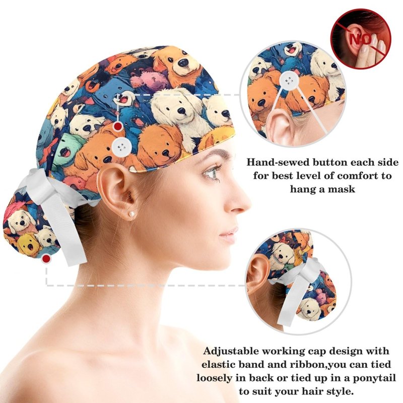 Scrub Caps Women with Button,Adjustable Bouffant Surgical Caps with Ponytail Pouch,Colored Cartoon Seamless Dogs Working Cap with Bow