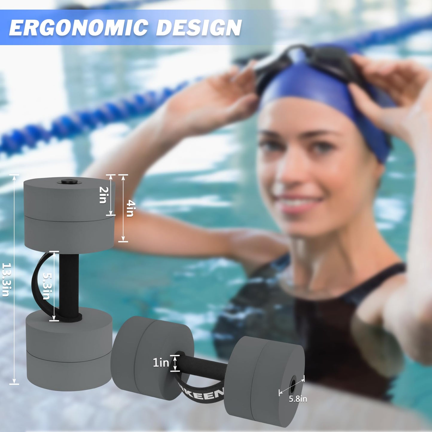 Hikeen Aquatic Exercise Dumbbells Water Dumbbell Pool Resistance Aquatic Fitness Barbells With 4 High-Density EVA Foam Pool Weights Dumbbells, for Water Aerobics Weight Loss (2 EVA Grey)