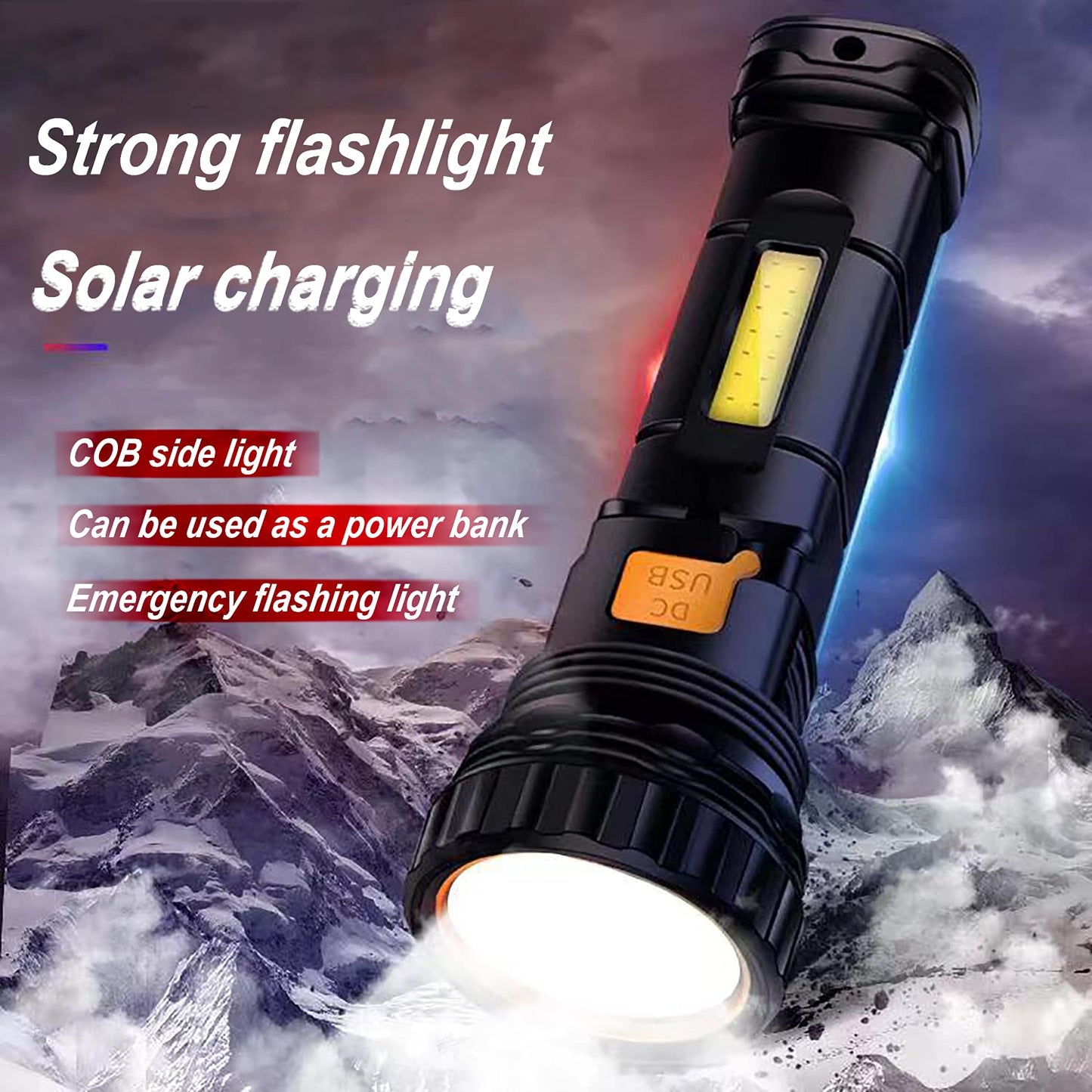 E-SHIDAI Solar/Rechargeable Multi Function 1000 Lumens LED Flashlight, with Emergency Strobe Light and 1200 Mah Battery, Emergency Power Supply and USB Charging Cable, Fast Charging (1PC)