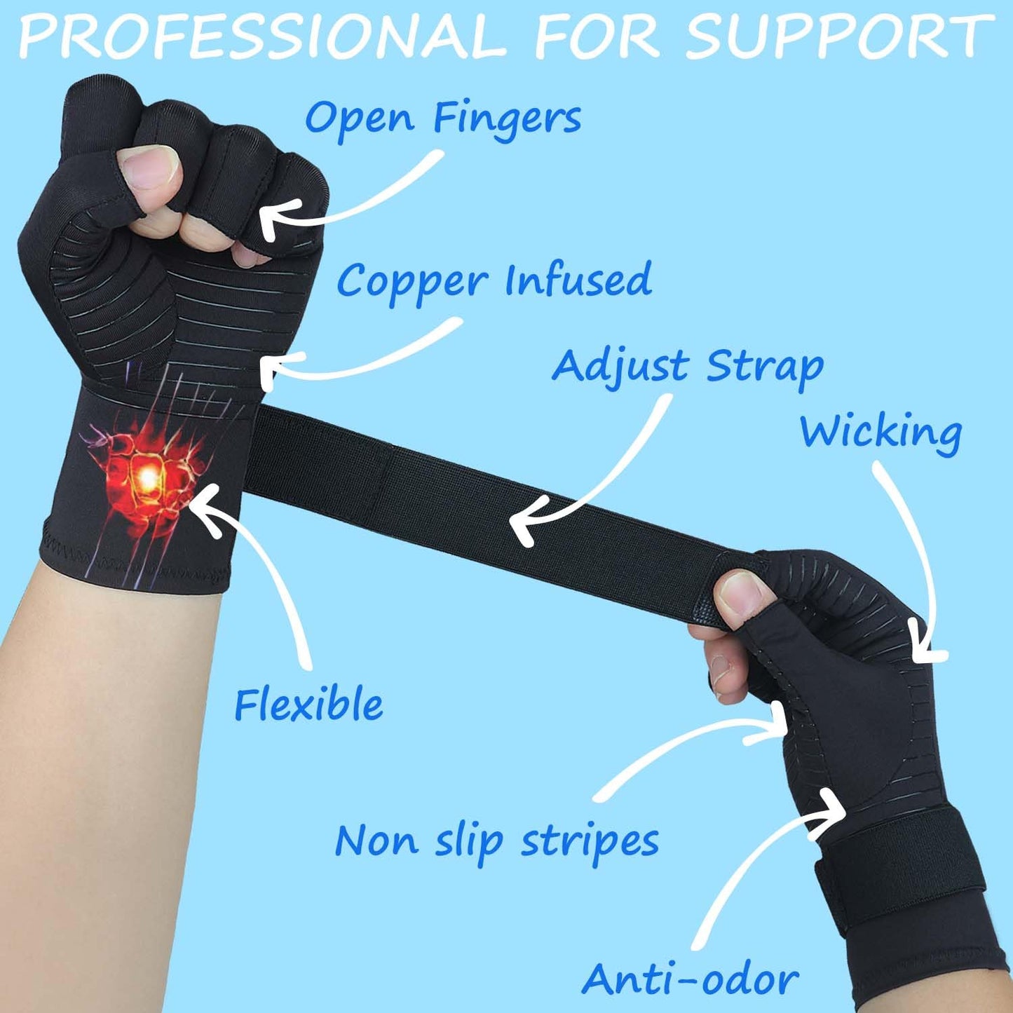 Semikk Copper Arthritis Gloves for Women Men, Fingerless Compression Gloves for Arthritis, Carpal Tunnel, Pain Relief, Swelling, Rheumatoid, Typing, Adjustable Wrist Strap (1pair, Small/Medium)