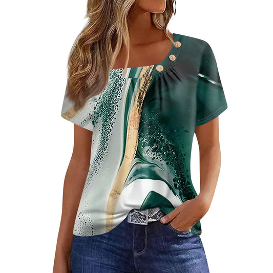 Beautiful Summer Short Sleeve Top Womens Park Plus Size Print Fit Crewneck Shirt Stretch Polyester Button Blouse Womens Dark Green