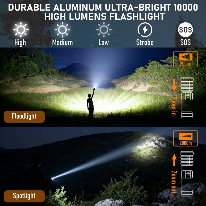 CLOVPO Rechargeable Flashlight 11 Modes Tactical Camping Flashlight with Red-Blue Emergency Lights, 10000 Lumens 3 in 1 Portable Camp Light with Stand, Bright LED Flashlight for Outdoor Activity