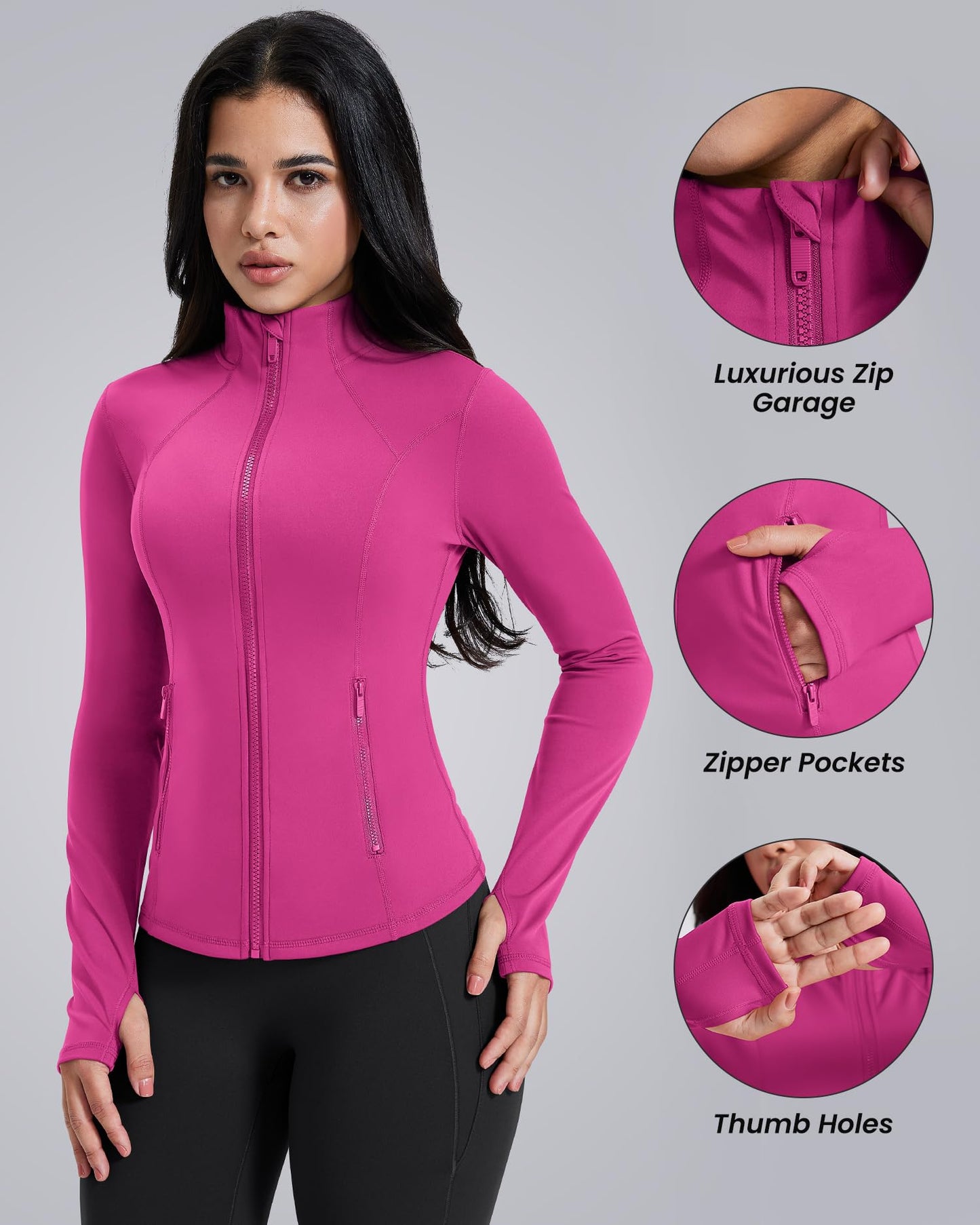 AVGO Womens Workout Jackets Lightweight Athletic Zip Up Jacket Slim Fit Running Gym Top with Pockets & Thumb Holes(Hot Pink, XL)