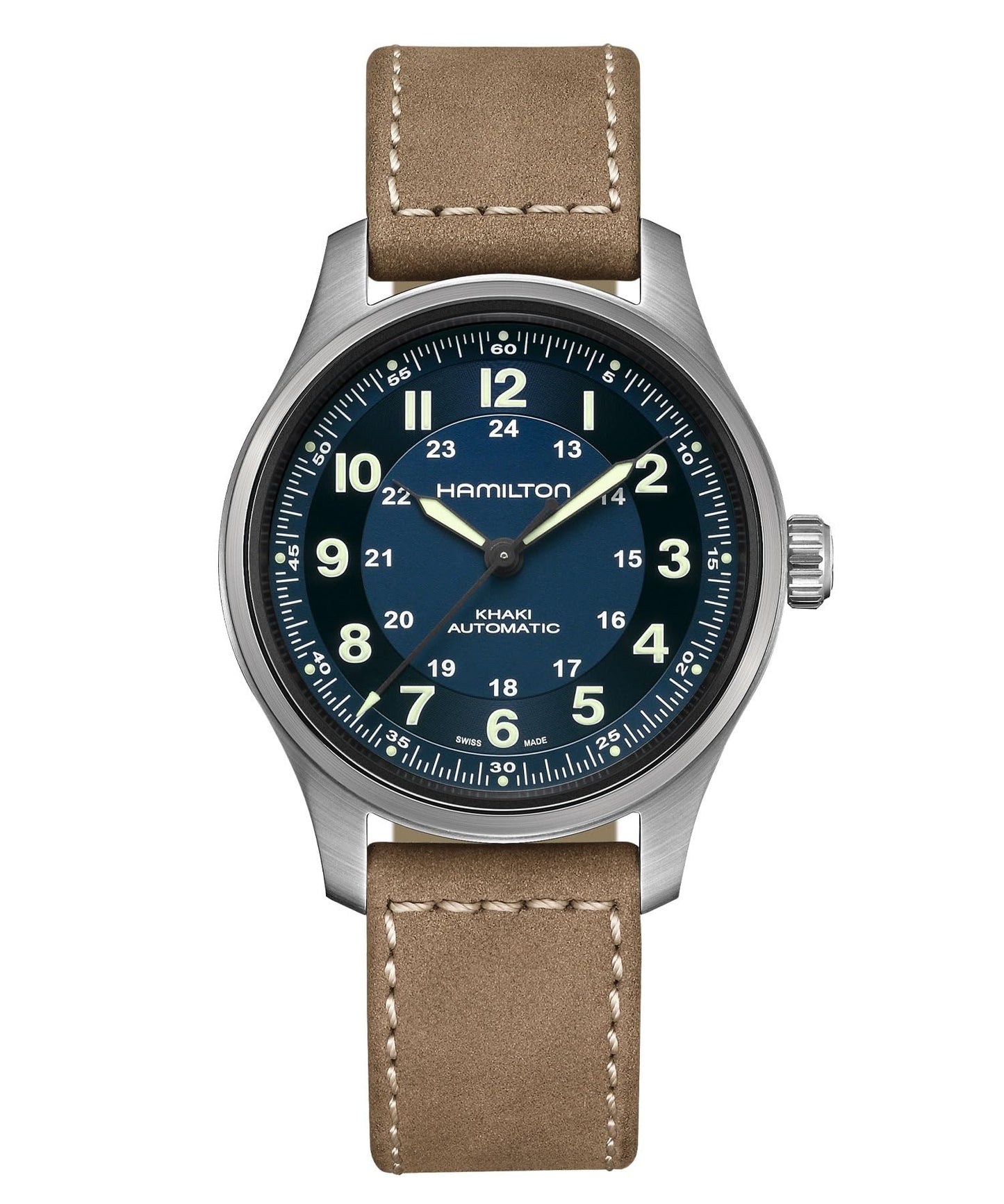 Hamilton Khaki Field Titanium Automatic Men's Watch, 42mm Titanium Case, Swiss Made, Blue Dial Analog Wrist Watch for Men, 100m Waterproof, Sapphire Crystal, 3-Hand Movement, Cow Leather Strap