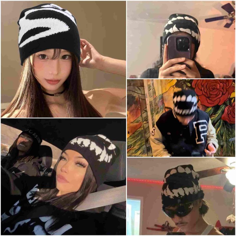 Winatehr Black Graphic Beanie for Men Women, Streetwear y2k Knitted Hat, Slouchy Goth Skull Cap (2 pcs)