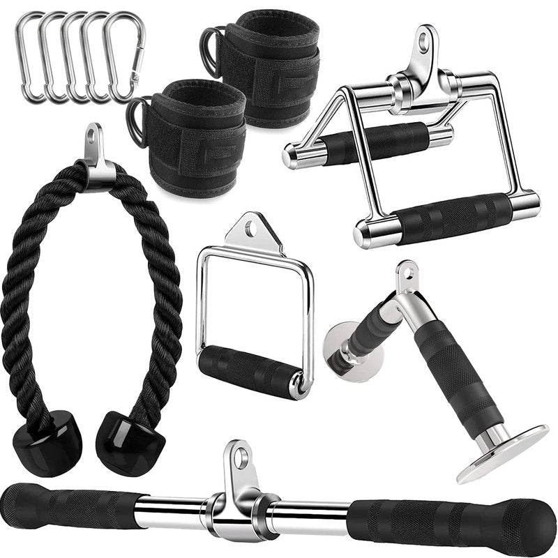 WNOEY Cable Machine Attachment, LAT Pulldown Attachments, Home Gym Accessories, Triceps Pull Down Attachment (V Handle + Row Handle + Rotating Bar + Tricep Rope + Ankle Straps + D Handle)