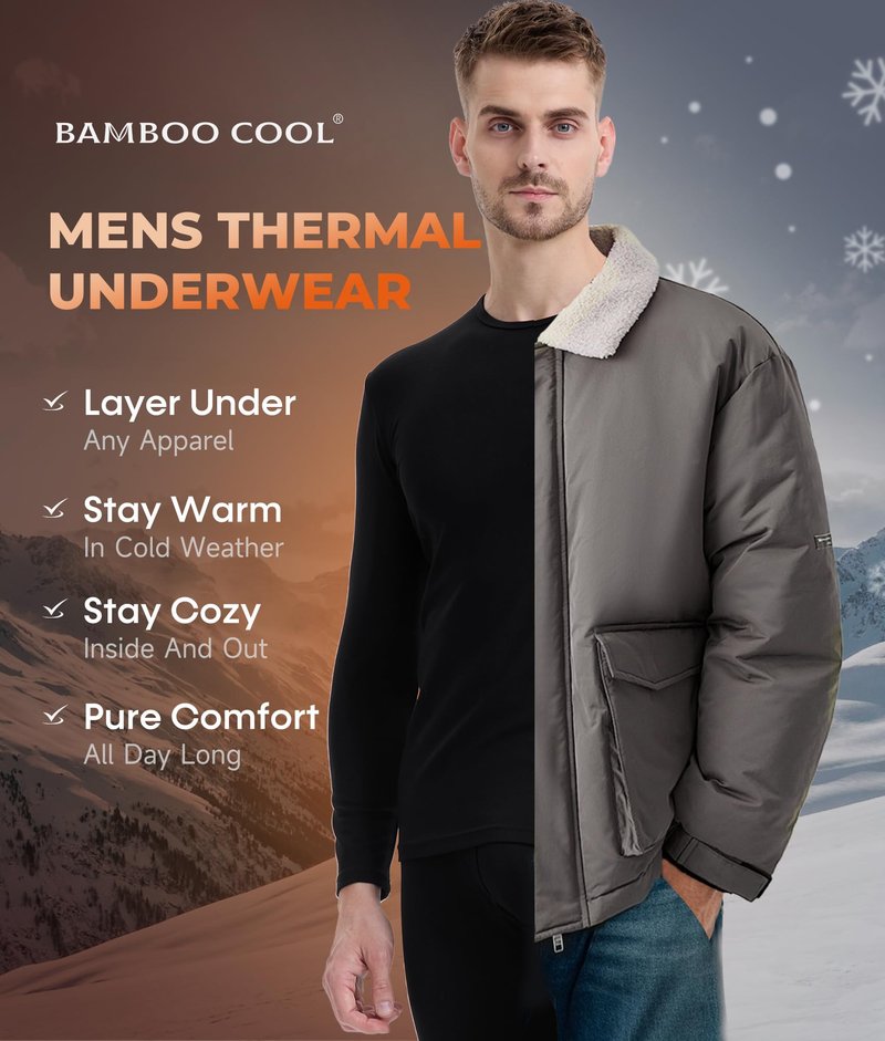 BAMBOO COOL BlazeBoo Men's Thermal Underwear with Soft Fleece Lined Base Layer Cold Weather Top Bottom Gift Set