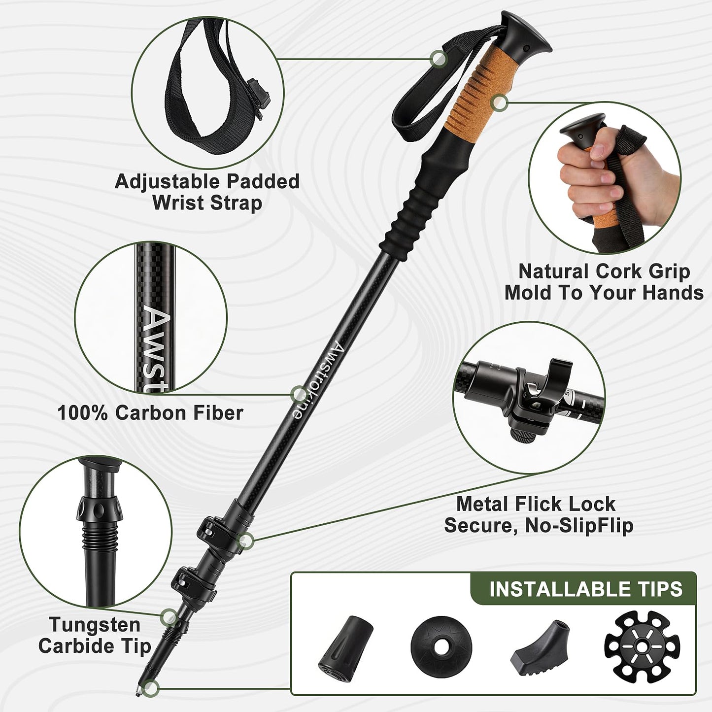 Carbon Fiber Trekking Poles - Lightweight Collapsible Hiking Poles with Cork Grips & Quick Flip Locks, Adjustable Hiking Sticks & All-Terrain Accessories for Women & Men