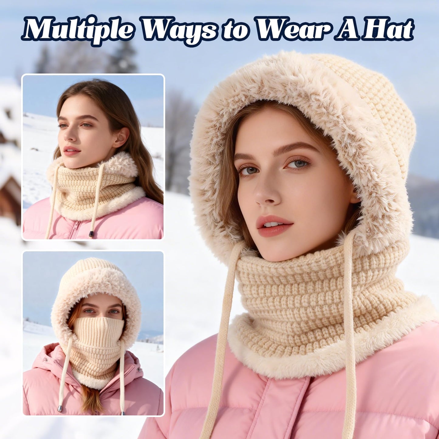 3 in 1 Beanie Hat for Women, Womens Balaclava Winter, Upgraded 3-in-1 Cold Knitted Hats Wind Resistant Hooded Scarf(Gray)