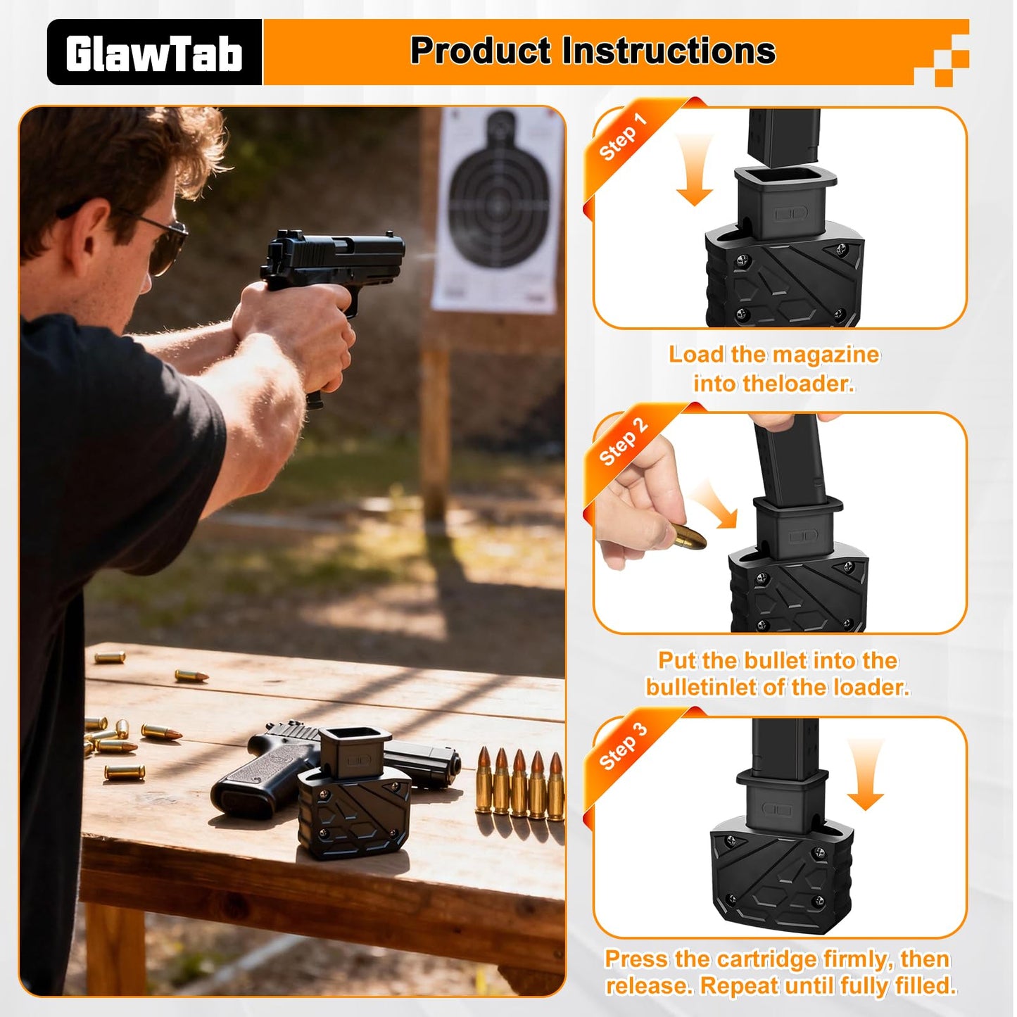 GlawTab Magazine Speed Loader for Glock 9mm/.40 S&W | Fits Glock 17/18/19/22/23/24/26/27/34/35/45/47 | Effortless Pain-Free Reloading, Portable & Stable Design | Ideal Gift for Shooters