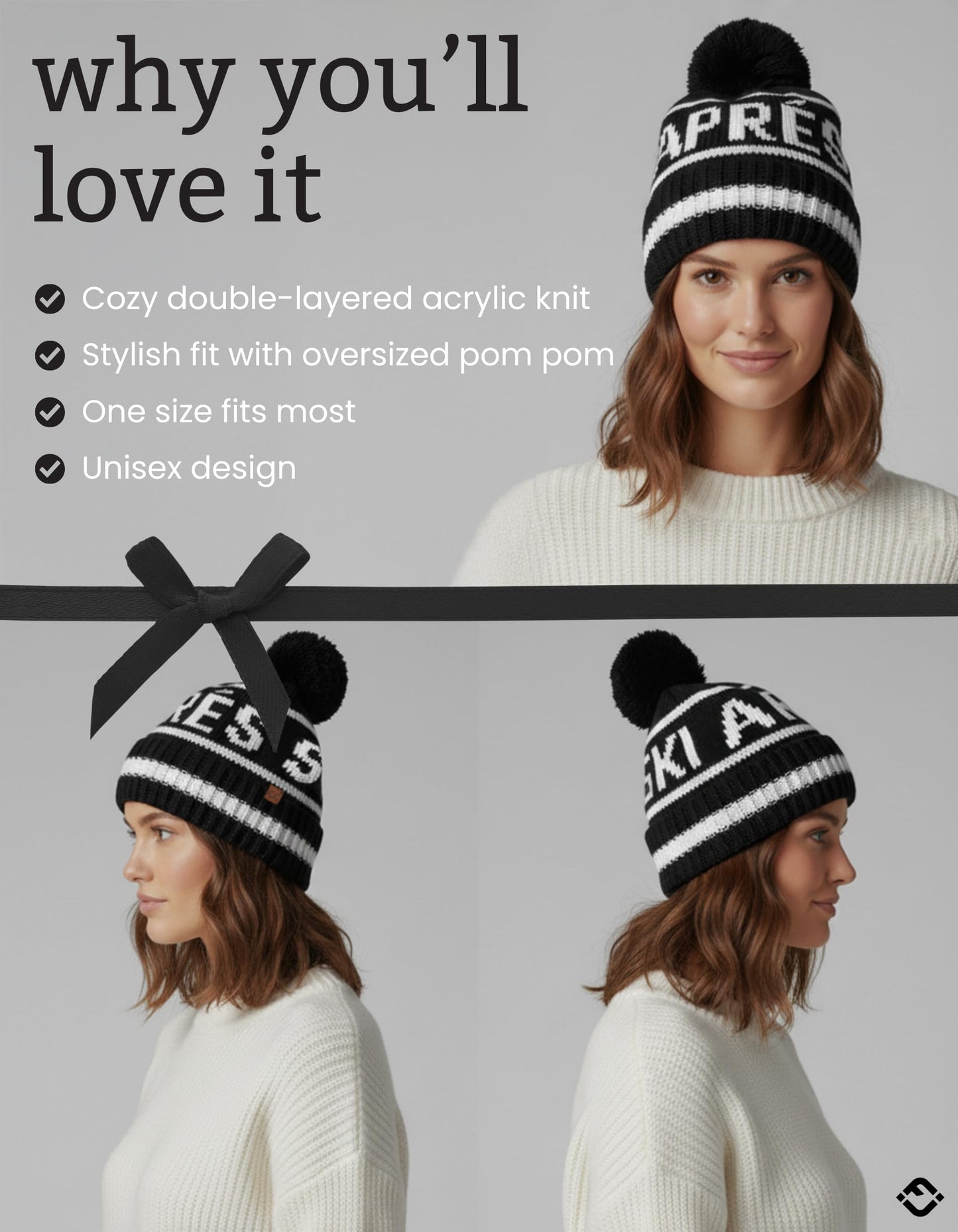 Funky Junque Après Ski Pom Pom Beanie for Women – Oversized Knit Winter Hat, Warm Cozy Womens Hats for Ski Trips & Snow Days - Black (White Lettering)