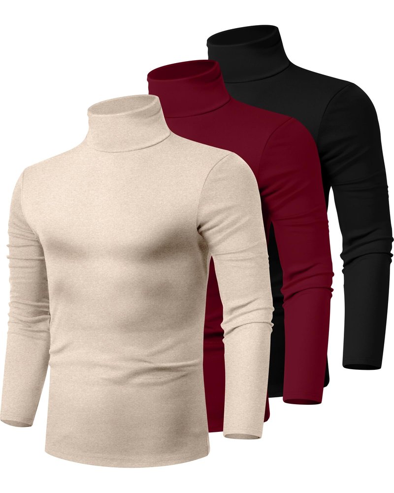 Ficerd 3 Pack Men's Turtleneck Shirts, Long Sleeve Cotton Pullover Sweaters Mock Neck Knitted T Shirt Basic Slim Fit Tee Tops (Black, Apricot, Red,Small)
