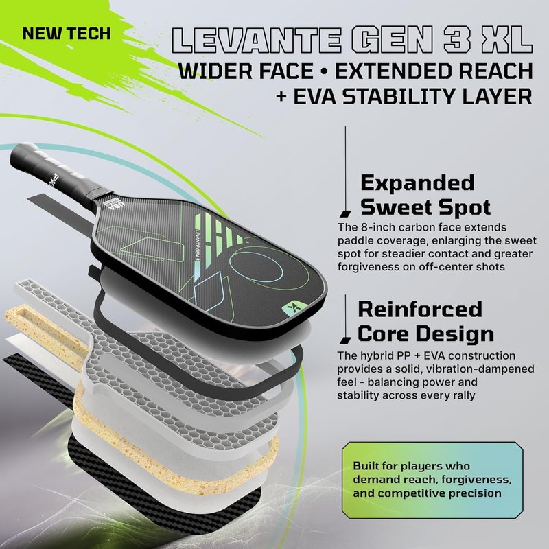 Levante Gen 3 – Pickleball Paddles with EVA Stability Layer, T700 Carbon Fiber CFS Face, Thermoformed Unibody Frame & PP Honeycomb Core for Control, Spin & Balanced Performance (Gen 3 XL)