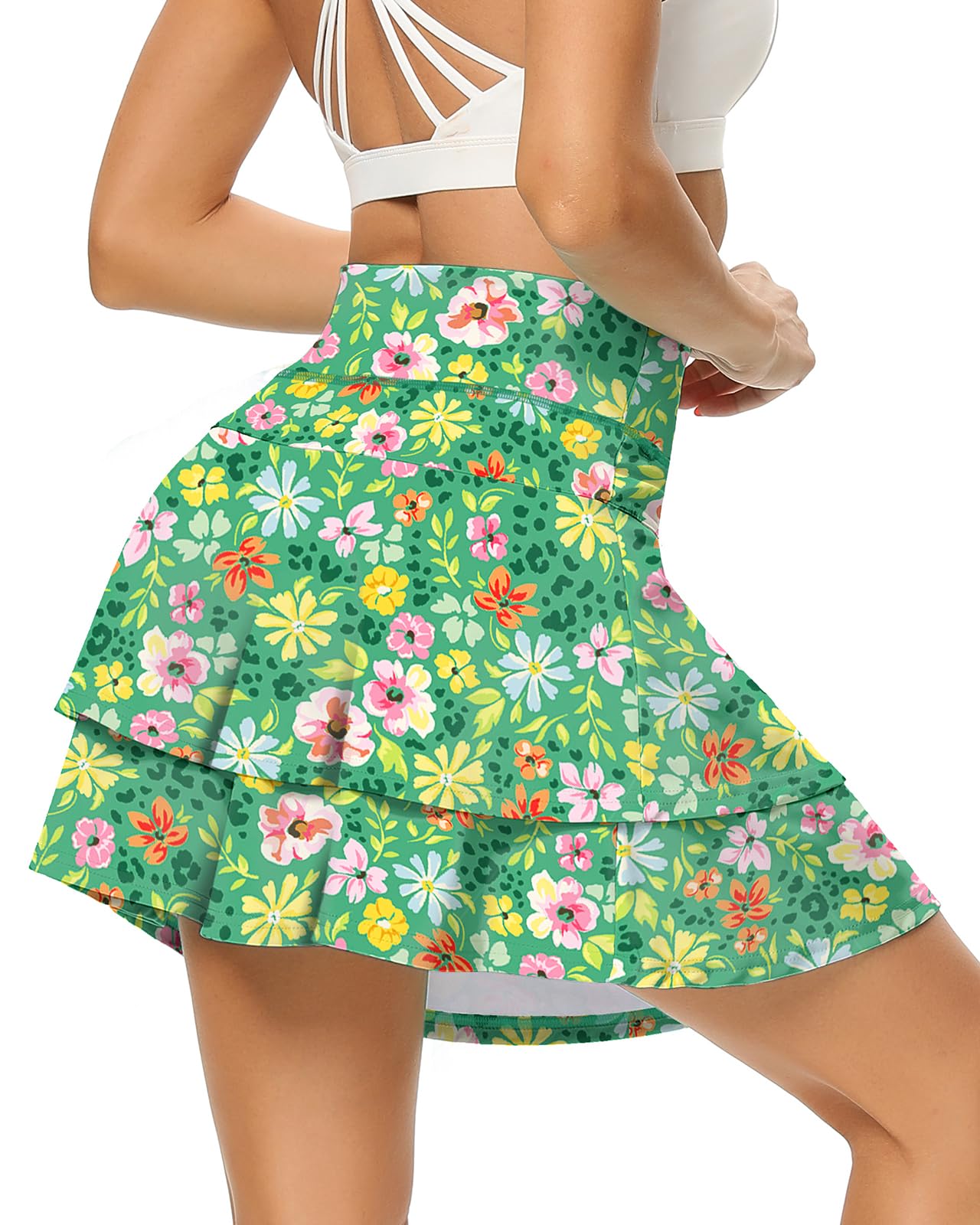 WOWENY Women's Athletic Pleated Tennis Skirt Ladies Active Layered Skort with Pocket Running Golf Skirt with Ruffle for Workout Sports Pickleball(2-Layer Green Flower,S)