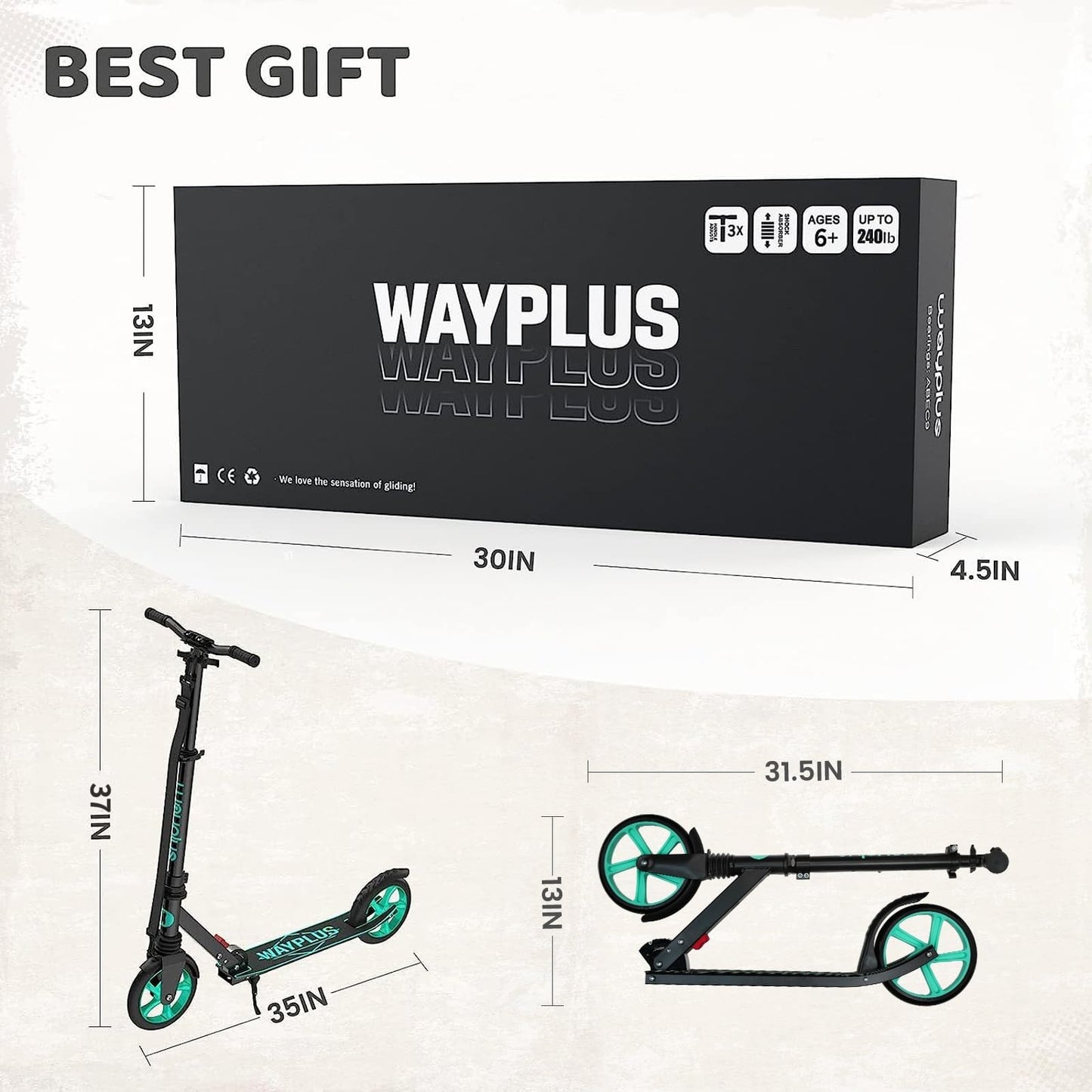 WAYPLUS KS1 Kick Scooter for Ages 6+,Kid, Teens & Adults. Max Load 240 LBS. Foldable, Lightweight, 8IN Big Wheels for Kids, Teen and Adults, 4 Adjustable Levels. Bearing ABEC9 FED Fitness
