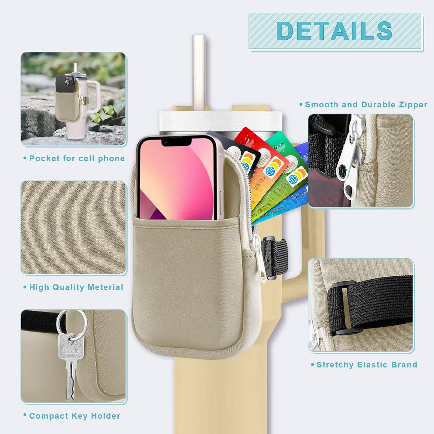 Multifunctional Water Bottle Pouch for Stanley Cups with Adjustable Strap, Gym Accessories for Women, Sports Water Bottle Accessories, Tumbler Pouch for Cards, Keys, Wallet, Earphone, etc