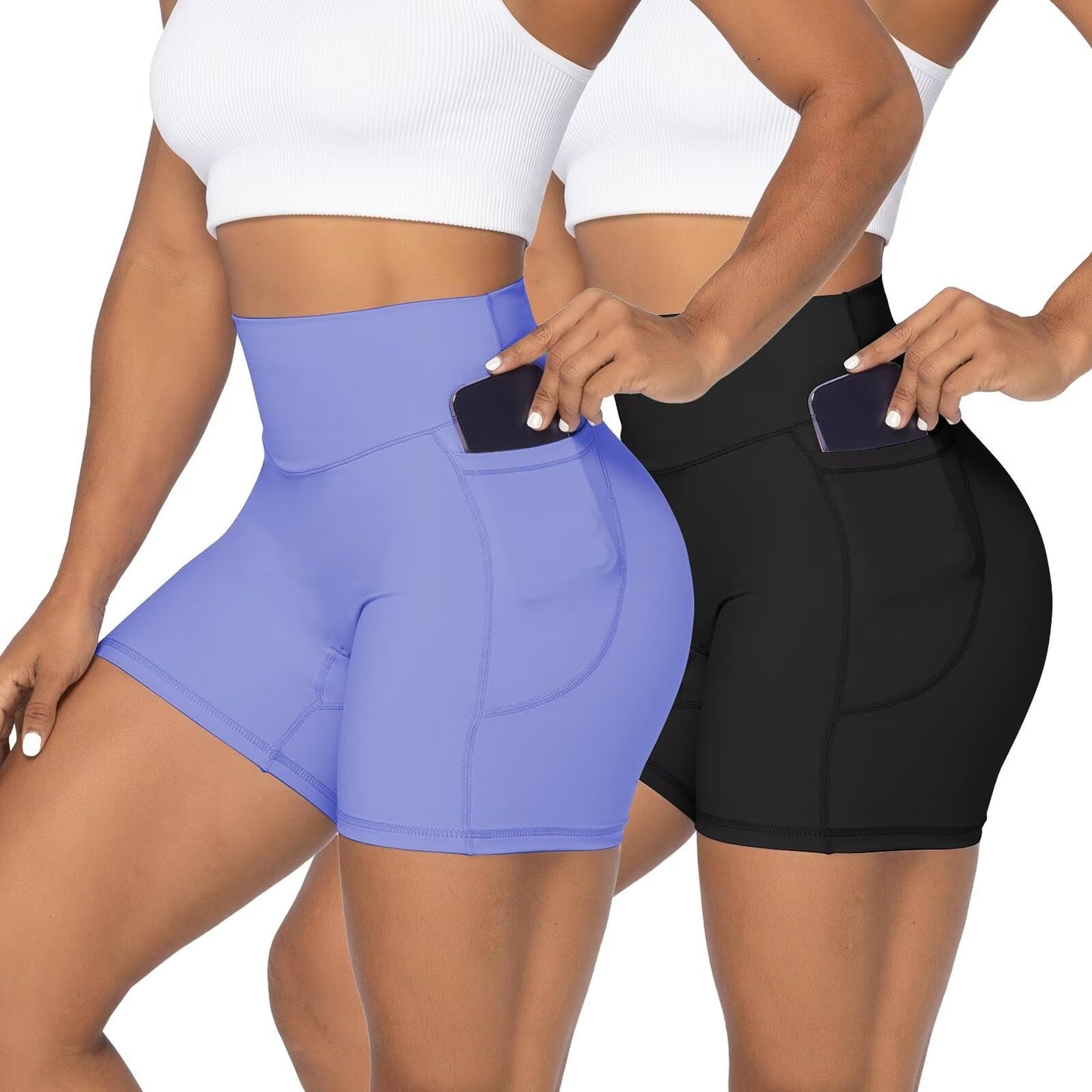 Sunzel Women's Biker Shorts in High Waist Tummy Control with Deep Pockets 5" Black+Periwinkle (2 Pack) X-Small