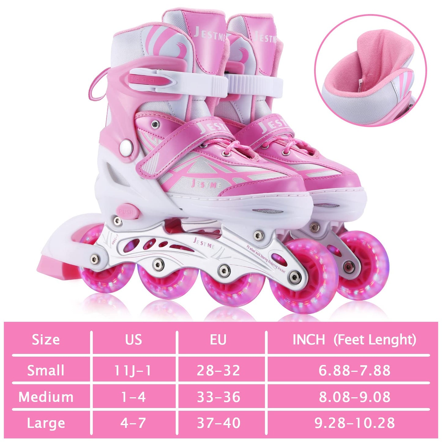 Adjustable Inline Skates for Girls Boys Beginners, Kids Roller Skates with All Illuminating Wheels (Pink, Small-Little Kids(11J-1US))