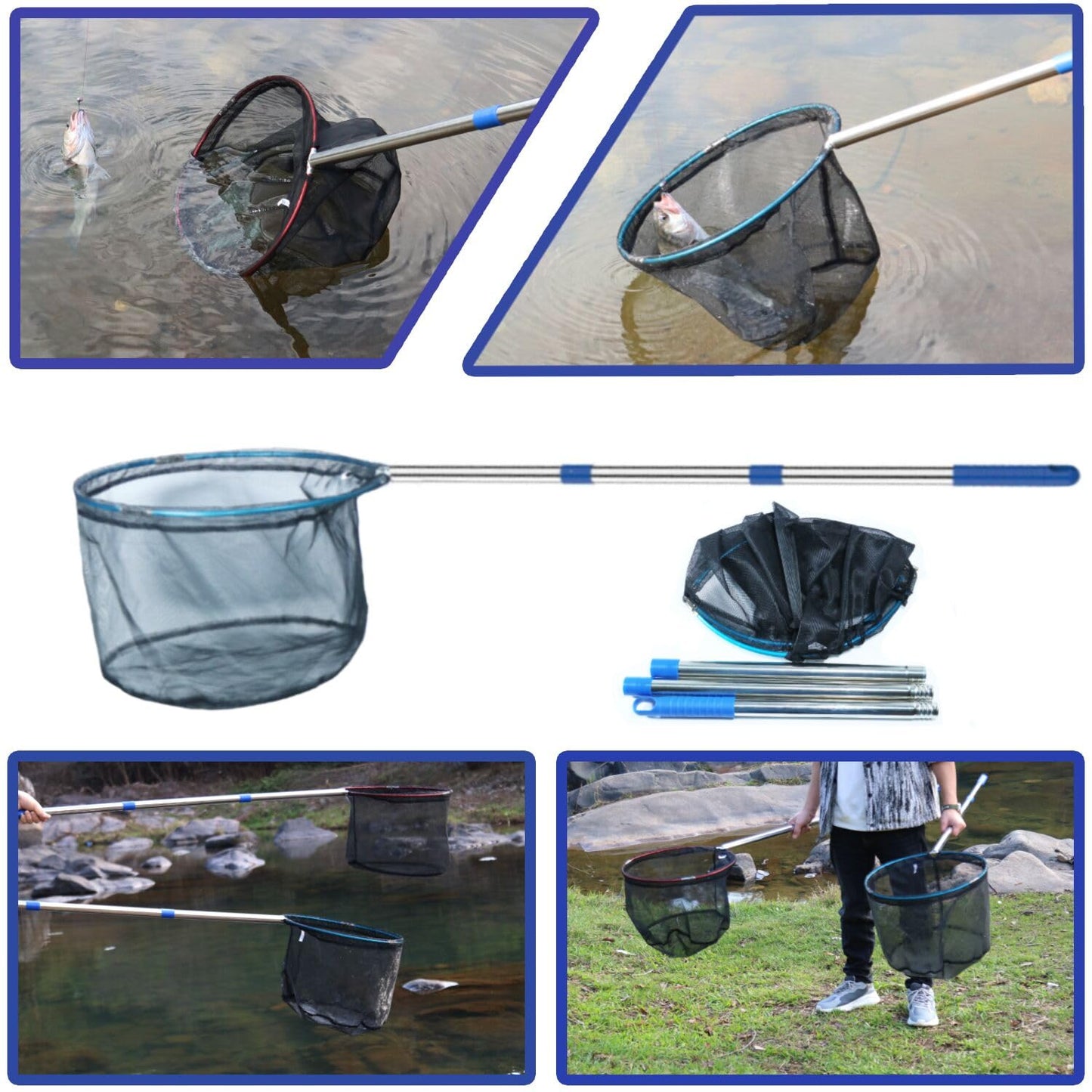 Fishing Nets 2 Pack Removable Lightweight Landing Net with Stainless Steel Pole Handle for Catching and Releasing Butterfly Nets (Blue + Red)