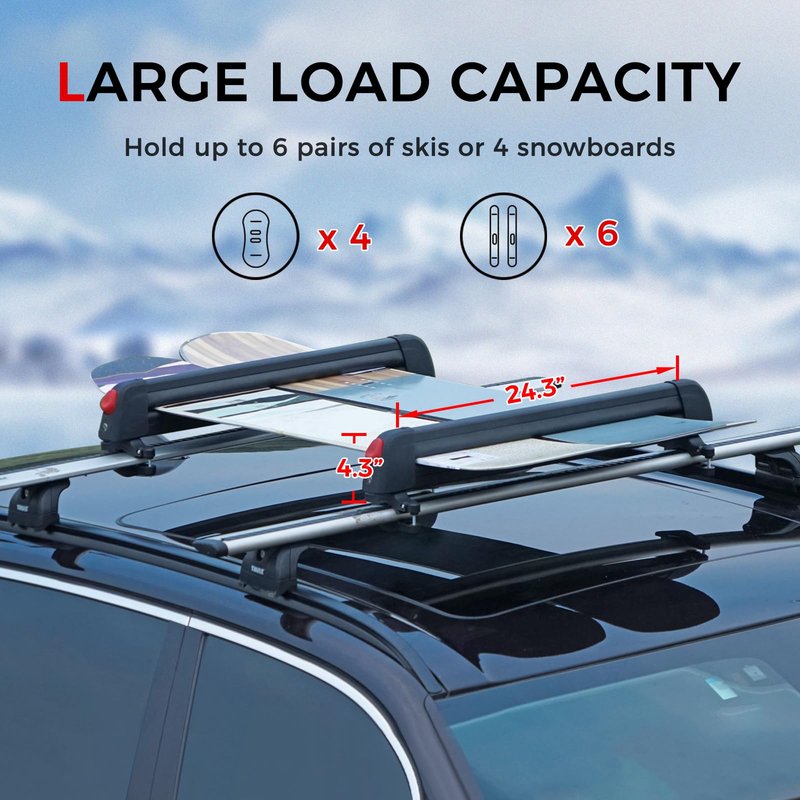 LINGVUM Ski and Snowboard Roof Racks with Anti-Theft Lock, 24.3" Universal Ski Roof Rack Carrier - Fits 6 Pairs Skis or 4 Snowboards, Black