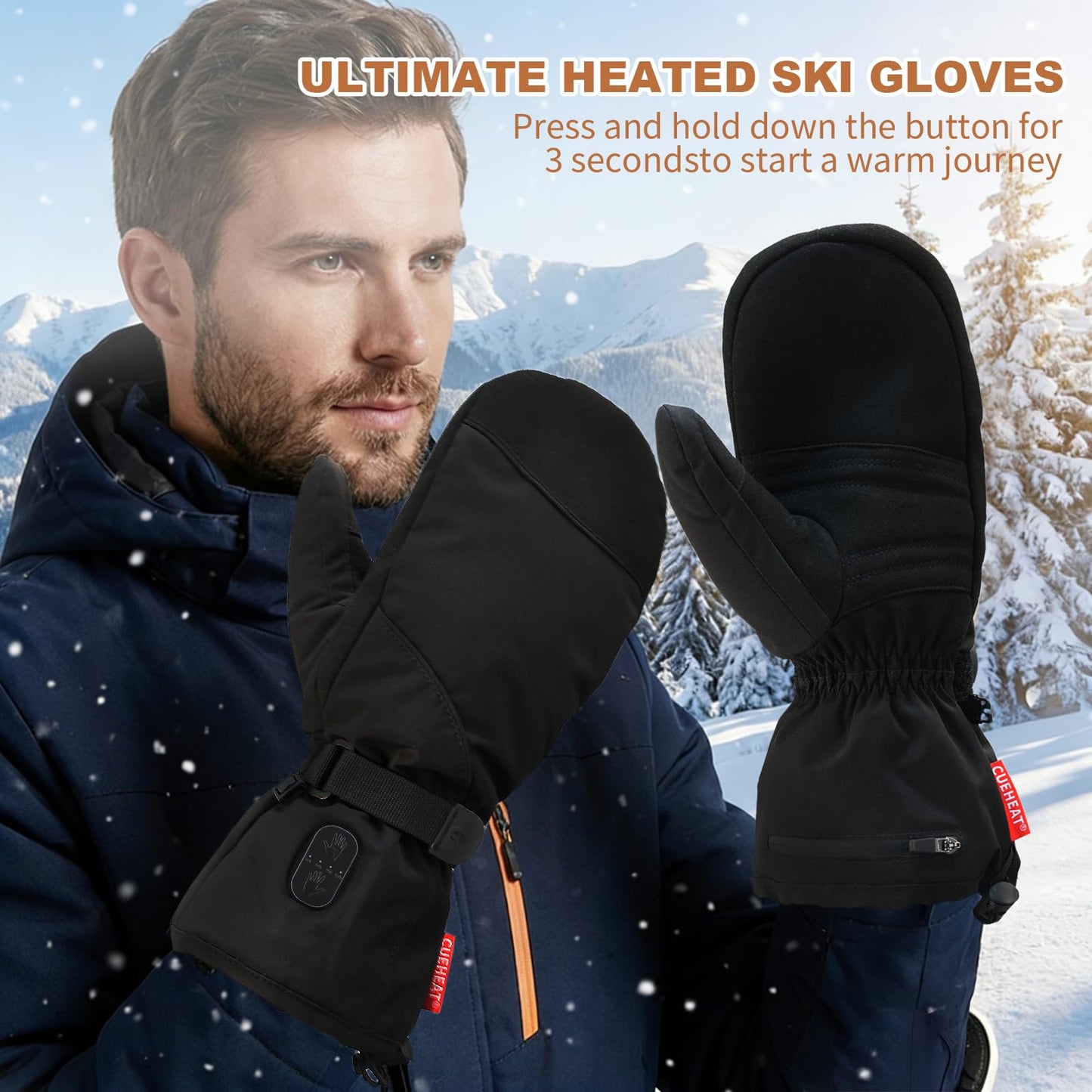 CUEHEAT Heated Mittens, Palm & Back Double Heating, Winter Outdoor Windproof Warm Thick Gloves, Battery-Powered Hand Warmer (CH04, Small)