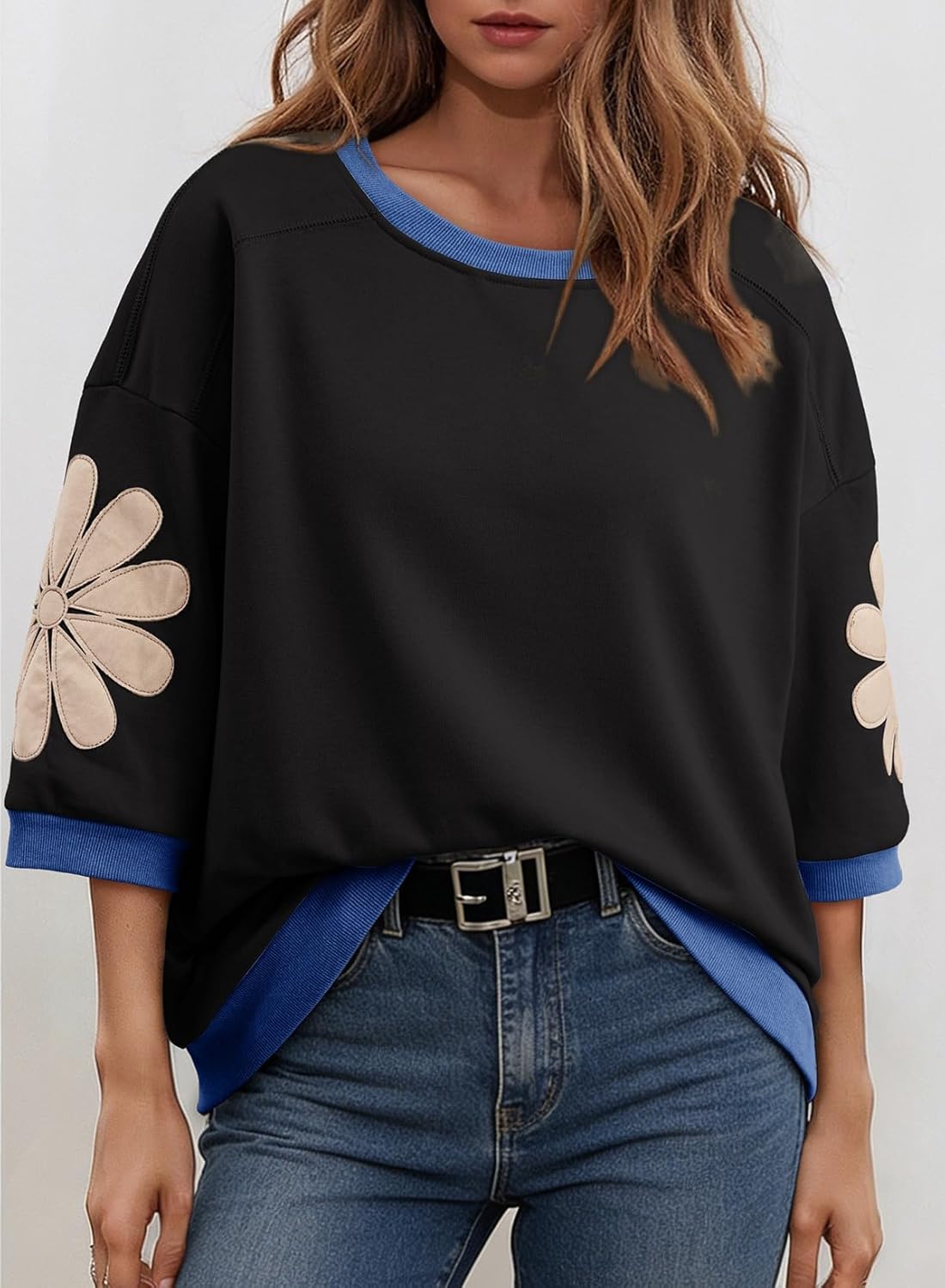 Women's Oversized Floral Patch Crewneck Sweatshirt - Casual 3/4 Sleeve Top
