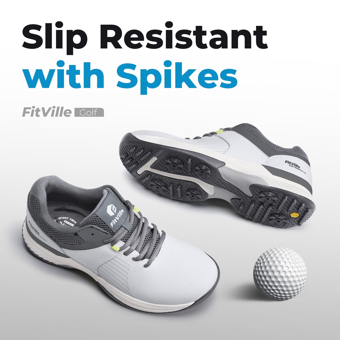 FitVille Wide Men's Golf Shoes Waterproof, Professional Outdoor Spiked Golf Shoes for Men with Arch Support(Misty Gray, 10 Wide)
