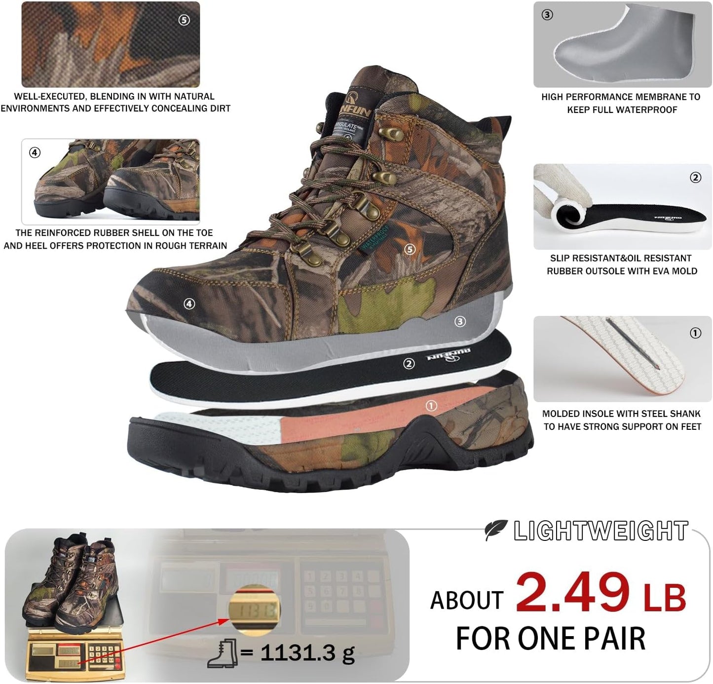 Men's Waterproof Hunting Boots - Lightweight Insulated Hiking Shoes with Steel Shank | 6" Breathable Design, 200g Thinsulate