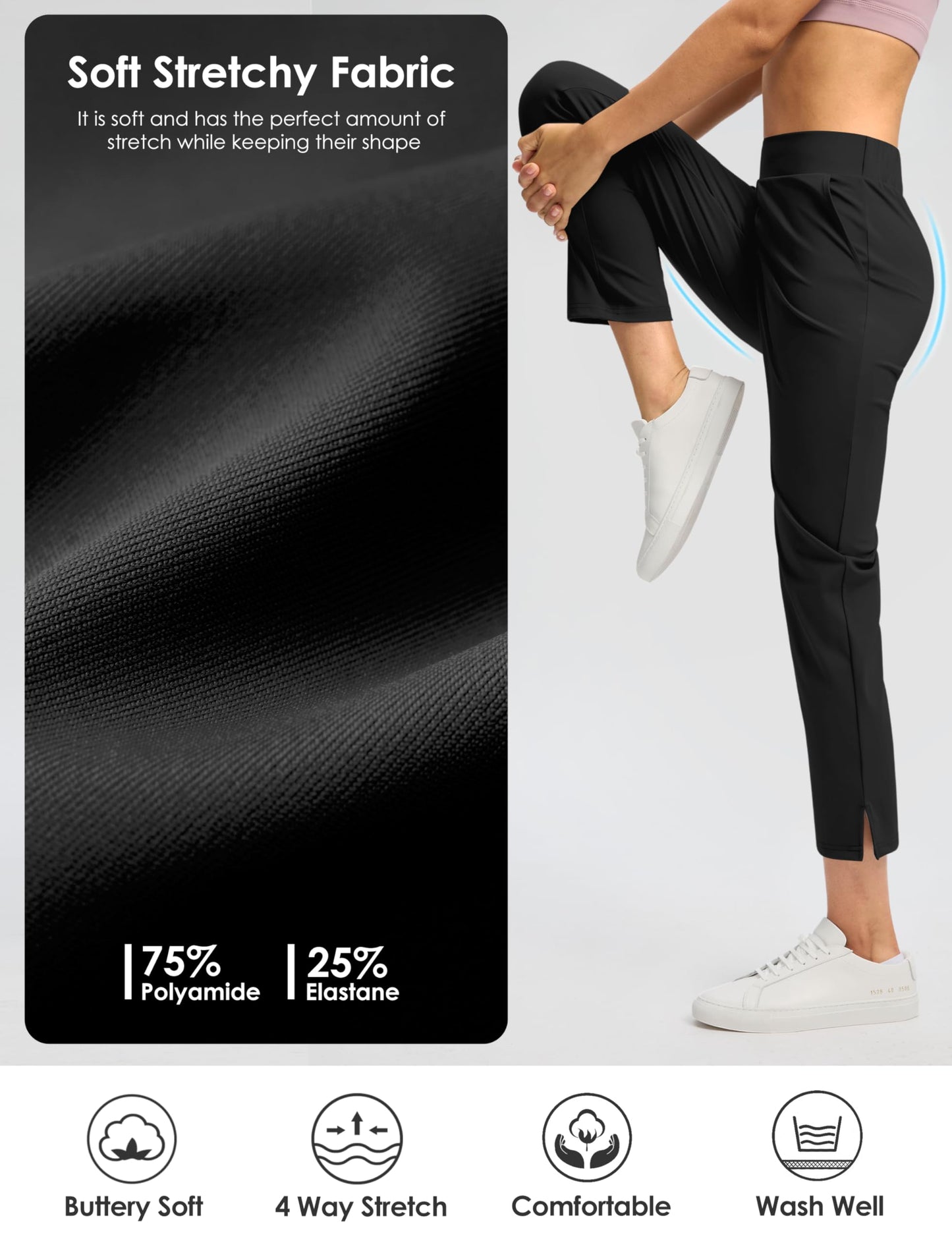 G Gradual Women's Pants 25.5" Ankle 7/8 Golf Pants 3 Pockets Stretchy Petite Travel Pants with Inner Drawstring for Work Business Casual Athletic, Black, L