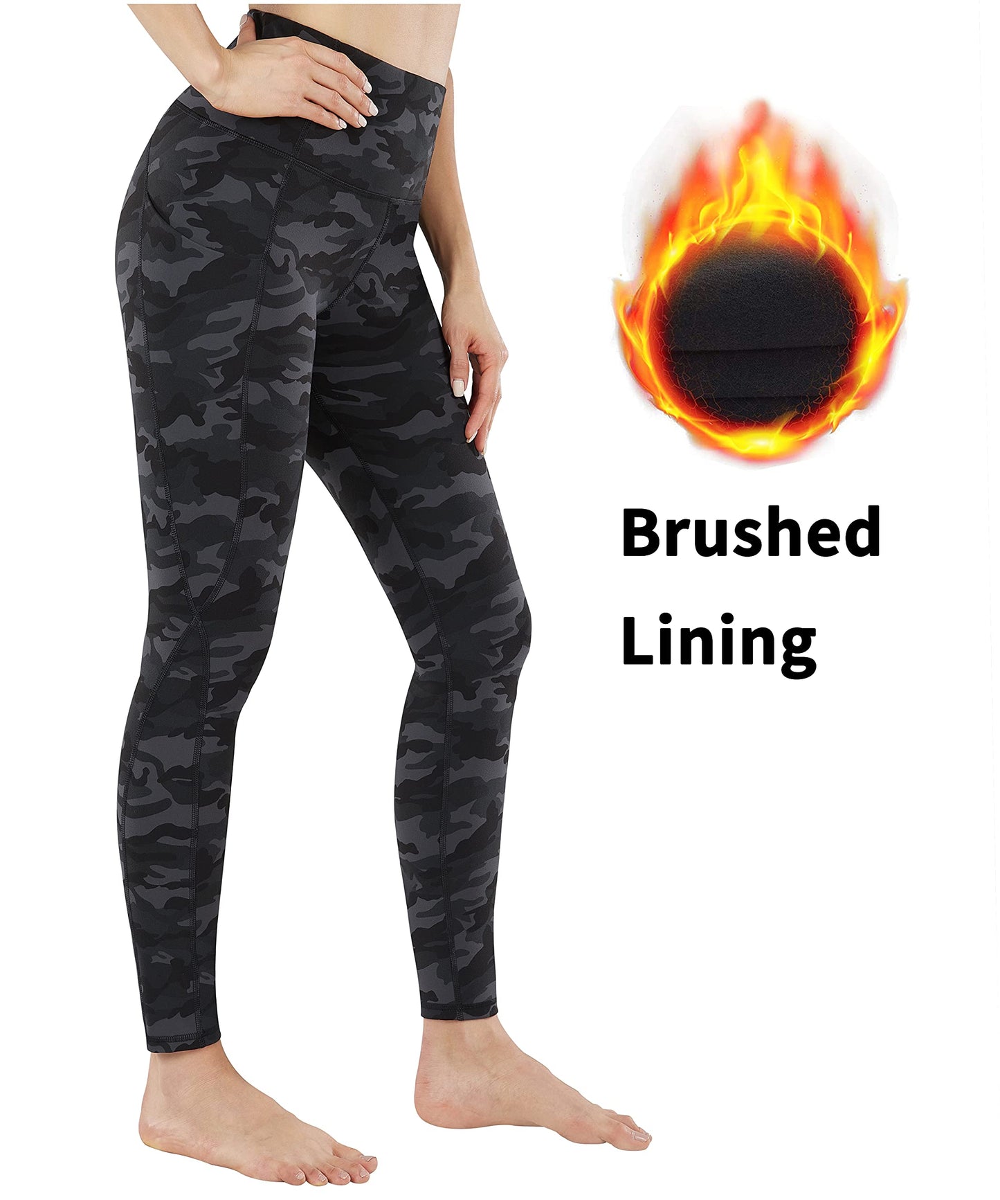 PHISOCKAT Women's Fleece Lined Winter Leggings High Waisted Thermal Warm Yoga Pants with Pockets (Black Camo(Fleece Lined), X-Small)