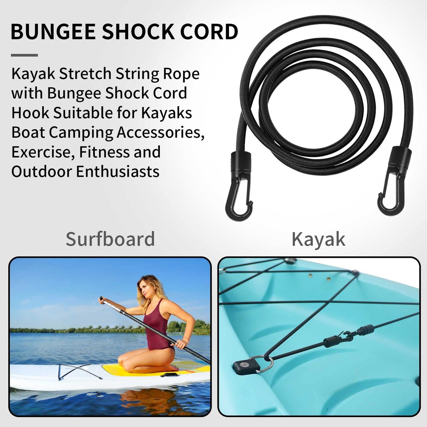 1/4" x 25' Elastic Bungee Shock Cord - Kayak Stretch String Rope with Bungee Shock Cord Hook Suitable for Boat Camping Accessories, Exercise, Fitness and Outdoor Enthusiasts (25 Feet Rope + 10 Hooks)