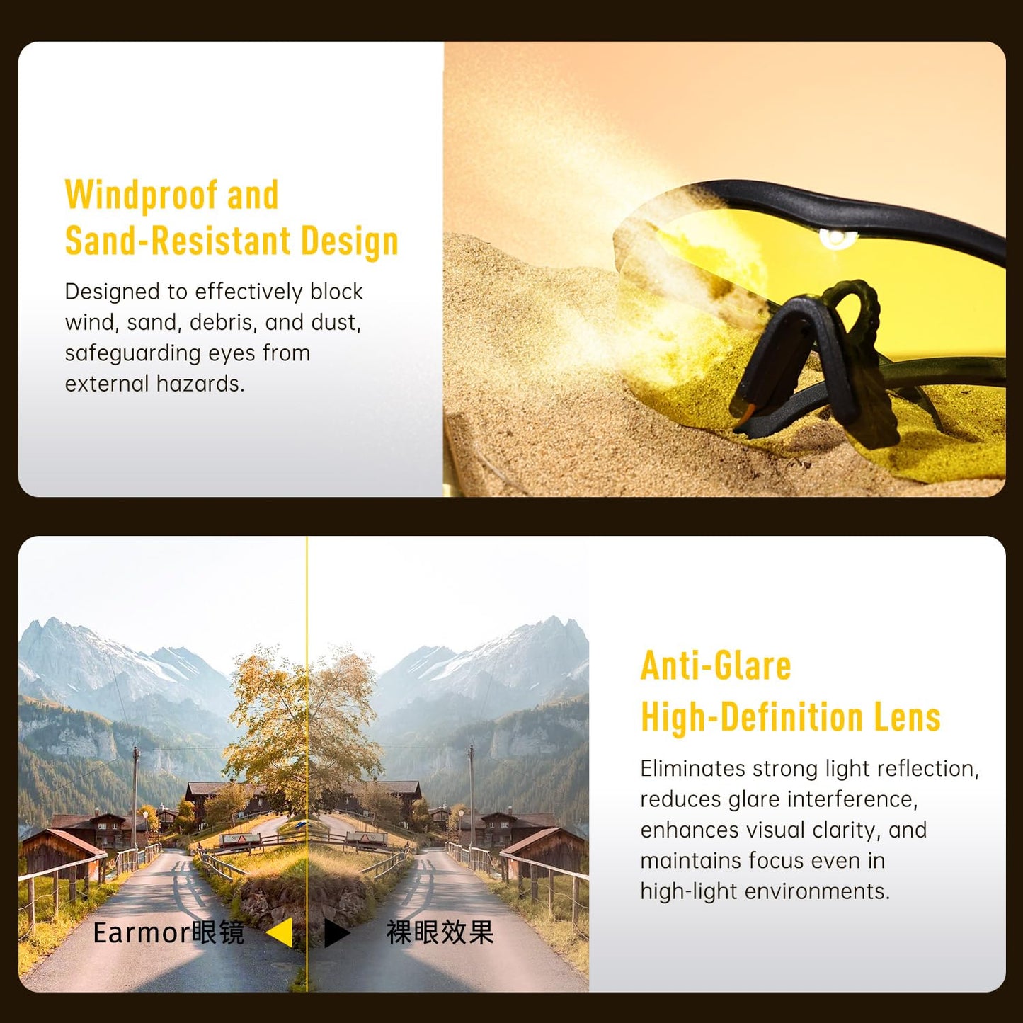 EARMOR Shooting Glasses With UV400 Protection, Anti Fog And Wind Safety Glasses for shooting, cycling, driving (3 Colors of Lens per pack)