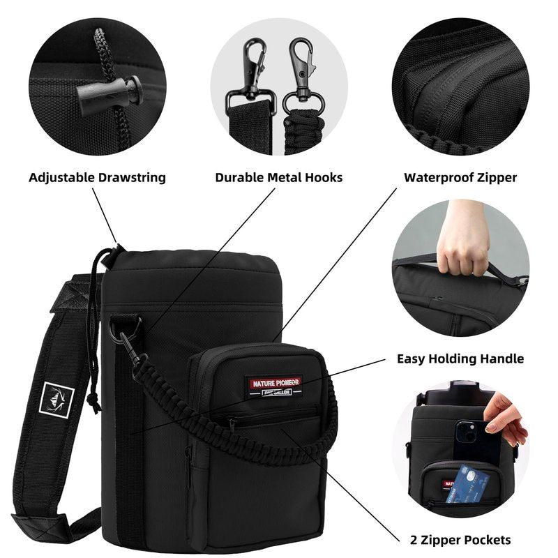 NATURE PIONEOR Water Bottle Holder with Adjustable Strap - Half/One Gallon (64/128oz) Insulated Water Bottle Sling Carrier with Phone Pocket & Paracord Handle, Outdoor Camping, Hiking, Gym