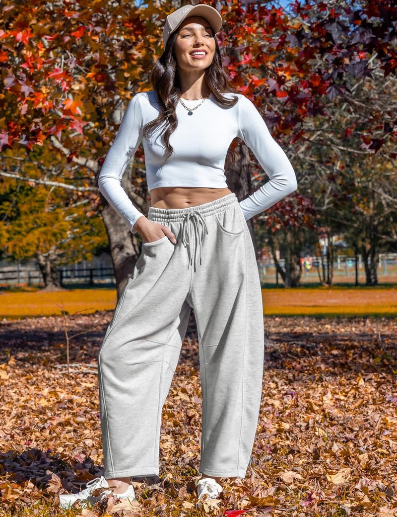 TARSE Women's Barrel Leg Sweatpant Drawstring Elastic Waisted Wide Leg Pants Casual Cotton Palazzo Trousers with Pockets, HeatherApricot M