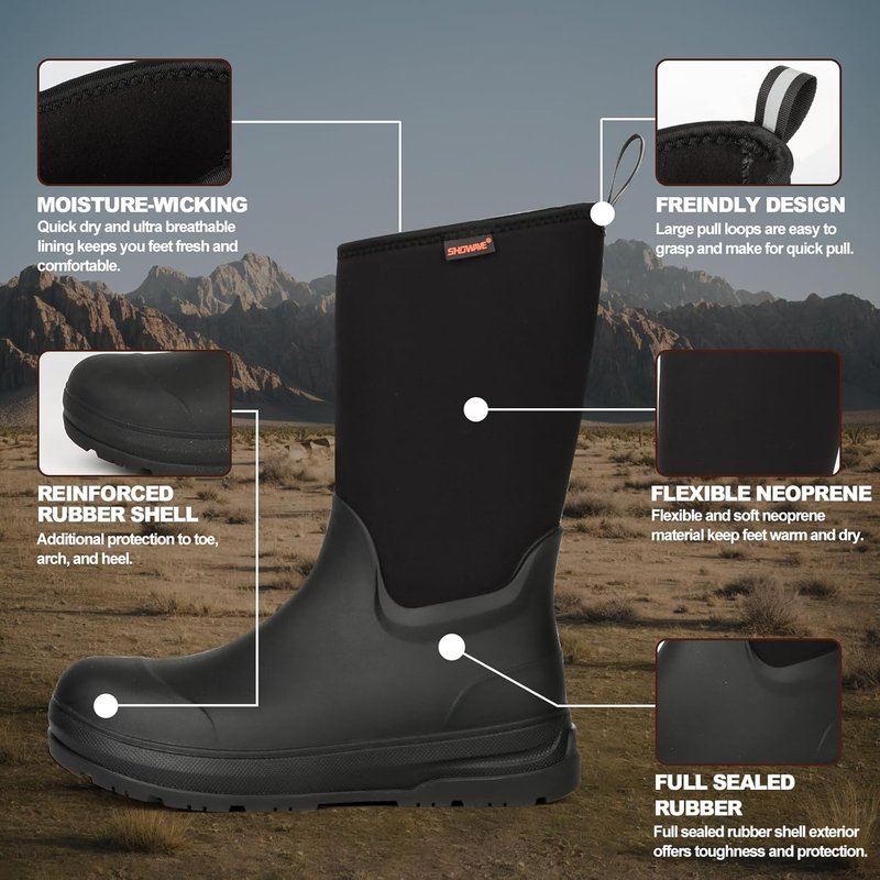 Men's Waterproof Mid Calf Rubber Boots - Insulated Durable Mud Boots for Work, Gardening & Outdoor Activities
