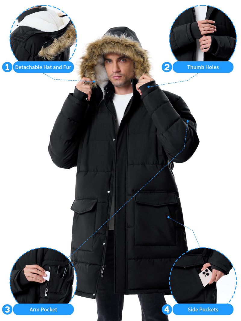JAWERU Men's Extra Long Fleece Puffer Jacket Outerwear Winter Coats Hooded Parka Warm Water-resistant Cold Weather Black 2XL