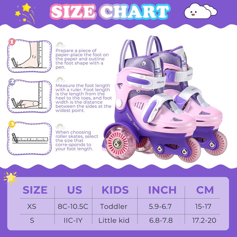 Toddler Roller Skates, 4 Adjustable Sizes, Light-up Wheels, Safety Three-Point Balance, Beginner Skates for Ages 3-8 Girls Boys Kids, Suitable Indoor & Outdoor Use (Pink&Purple, S-Small(11C-1Y US))