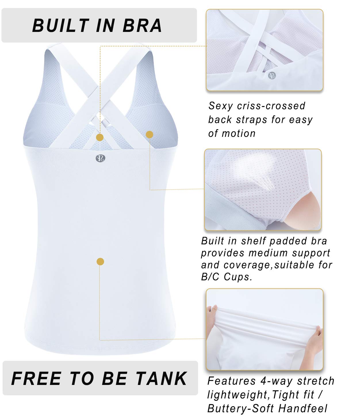 RUNNING GIRL Women's Workout Tank Top,Built in Shelf Sports Bra Strappy Back Compression Athletic Shirts（BX2680.White.S）
