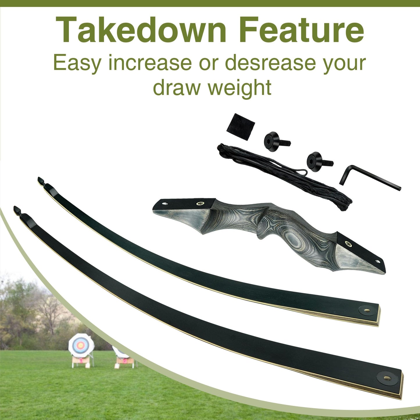 Black Hunter Takedown Longbow, GLURAK 60" Wooden Archery Bow Hunting Bow - Right Hand Long Bows for Beginner Training Practice, 25lb