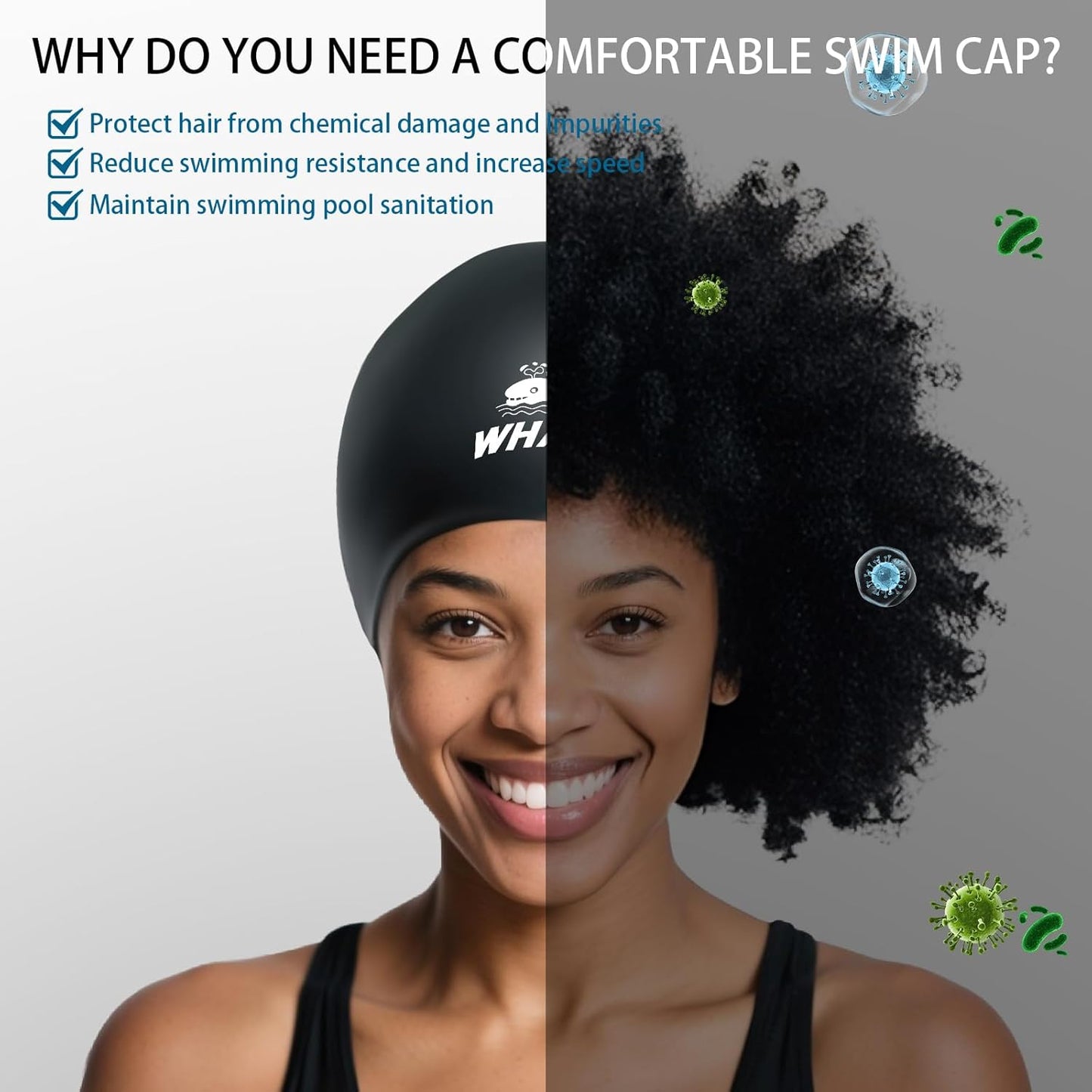 Extra Large Swim Cap - Durable Silicone with Ear Protection | Unisex Cap for Long, Thick, Curly Hair, Dreadlocks, Braids, Afro Hair
