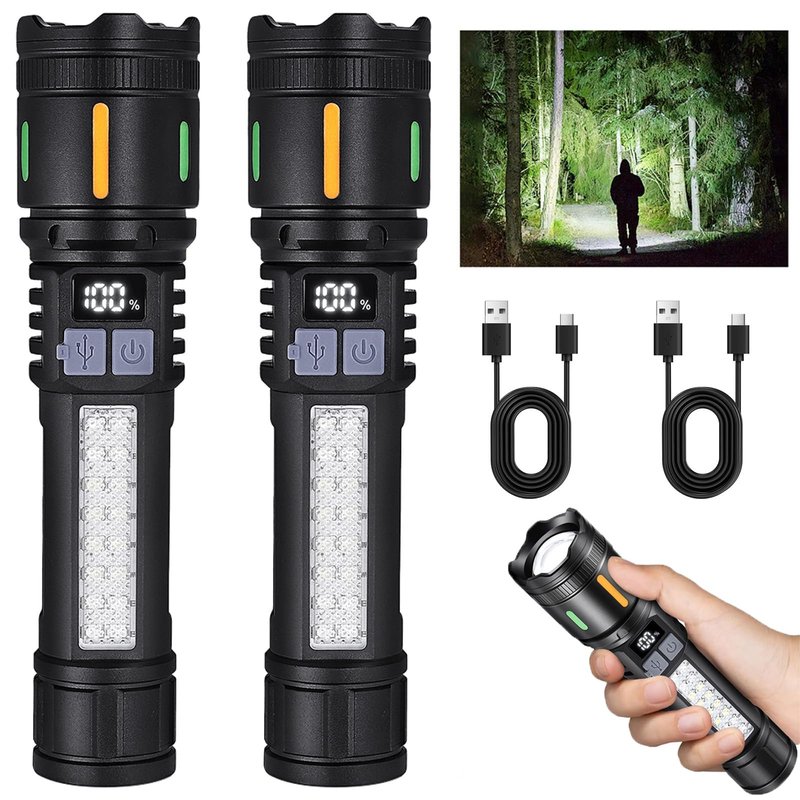 Ciwuzxs Rechargeable LED Flashlights High Lumens 3000LM Super Bright Tactical Flashlight with Cob Sidelight, 5 Light Modes, IPX6 Waterproof, Powerful Handheld Flash Light for Camping (2, Small)