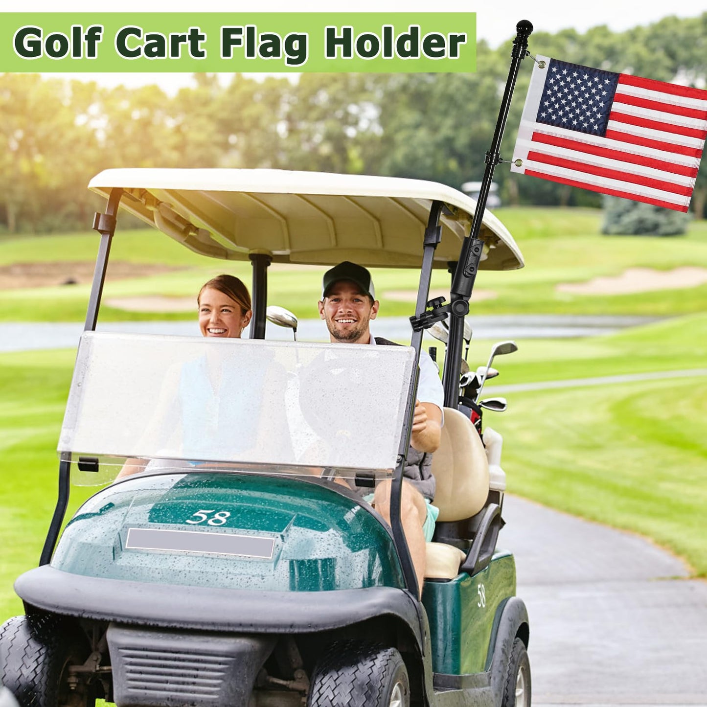 WEIMELL Golf Cart Flag Holder with USA Flag Pole Mount Kit Set Fit for EZGO TXT RXV Club Car Precedent Tempo DS Yamaha Boat Heavy Duty Windproof Bracket Set (with Flag 12x18 Inch)